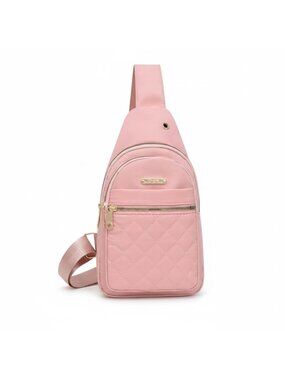 Pink Quilted Sling Backpack With Multiple Pockets & Adjustable Strap For Women,